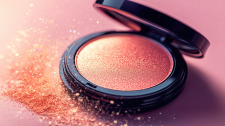 A stunning blush compact featuring shimmering powder against a soft pink backdrop, perfect for showcasing beauty and glam in makeup artistry. A visual delight for beauty enthusiasts.の素材