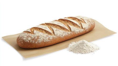 A beautifully crafted artisan bread loaf on a neutral paper background, accompanied by a sprinkle of flour, ideal for inviting food photography and culinary projects.の素材