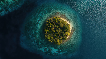 Experience the breathtaking beauty of a small tropical island, surrounded by shimmering turquoise water and vibrant coral reefs, captured from above in this stunning aerial view.の素材