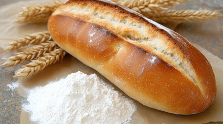 A freshly baked bread loaf rests beside a mound of flour and wheat ears, showcasing the essence of traditional baking and wholesome ingredients in a rustic setting.の素材