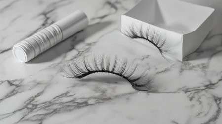 Discover the allure of elegant false eyelashes displayed on a sleek marble surface, complemented by chic packaging, perfect for makeup enthusiasts and professionals.の素材