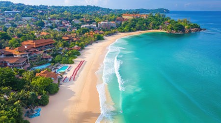 An aerial view showcases a beautiful tropical beach with golden sand and clear turquoise waters, surrounded by lush greenery, ideal for relaxation and travel inspiration.の素材