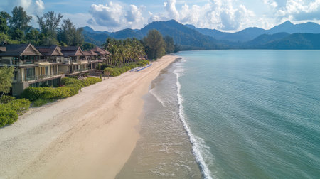 A scenic view of a tranquil beach with gentle waves and palm trees, perfect for anyone seeking relaxation and natural beauty in a serene coastal environment.の素材