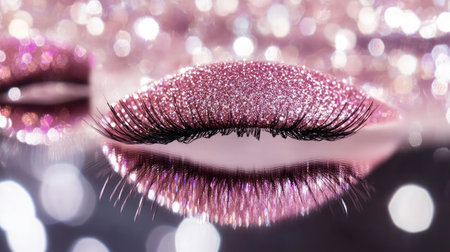 A stunning close-up of a glamorous pink glitter eyelash resting on a reflective surface, surrounded by a soft bokeh background, perfect for beauty and fashion inspiration.の素材