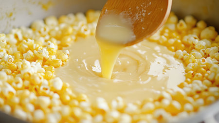 A creamy mixture is being poured over fluffy popcorn in a cooking context, highlighting the process of creating a delicious and enjoyable snack experience.の素材