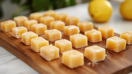 Vivid lemon cubes arranged artfully on a wooden board, perfect for adding a fresh twist to beverages or summer desserts. Bright yellow lemons provide a cheerful backdrop.の素材