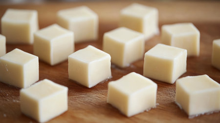 Close-up view of smooth cheese cubes on a rustic wooden surface, showcasing their creamy texture and inviting appearance, ideal for food photography and culinary inspiration.の素材