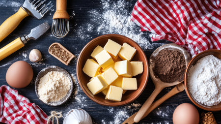 A beautifully arranged scene featuring essential baking ingredients like butter, eggs, and flour with rustic kitchen elements, perfect for culinary enthusiasts and food photography.の素材