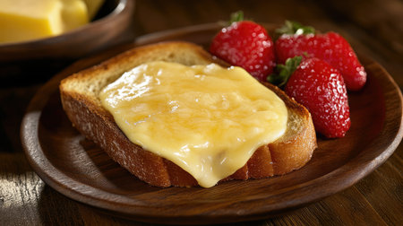 A delicious serving of melty cheese spread on crispy toast, garnished with fresh strawberries and a dollop of butter, ideal for a delightful breakfast or snack moment.の素材