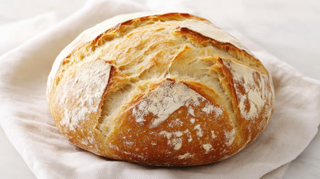 This image captures a freshly baked round bread loaf with a golden crispy crust, resting elegantly on a soft cloth, perfect for inspiring homemade meals and culinary creativity.の素材