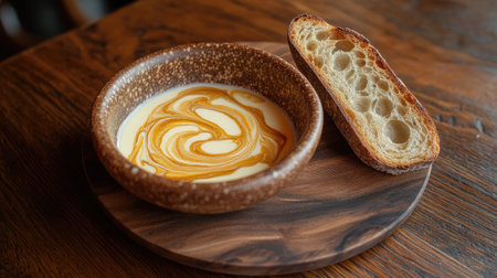 Enjoy a beautifully styled bowl of creamy soup adorned with vibrant swirls next to a rustic slice of bread, set on a wooden board for a cozy dining experience.の素材