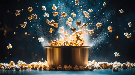 A stunning image of popcorn bursting joyfully from a bowl, showcasing energy and excitement perfect for capturing the spirit of movie nights and festive gatherings.の素材