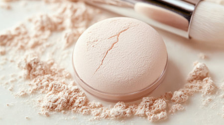 Elegant close-up of soft beige powder in a transparent container with makeup dust scattered around and a brush, ideal for beauty and cosmetic themes.の素材