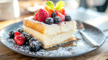 A stunning layered dessert featuring fluffy cream, topped with fresh strawberries, blueberries, and blackberries, garnished with mint, perfect for any occasion.の素材