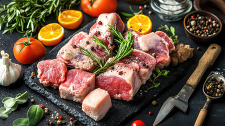 A vibrant arrangement of fresh pork cuts on a slate board, surrounded by herbs, spices, and colorful vegetables, showcasing a delightful culinary scene for food enthusiasts.の素材