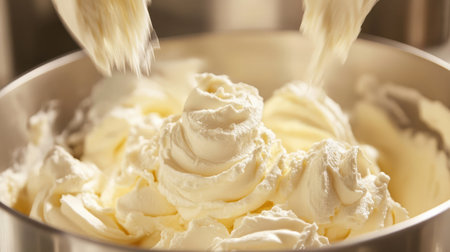 Cream is freshly whipped in a metal bowl, showcasing a smooth and fluffy texture, perfect for dessert recipes. A cozy kitchen setting enhances the culinary vibe.の素材