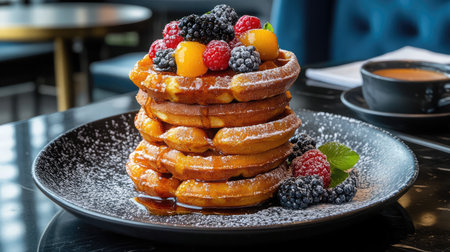 Enjoy a tempting arrangement of golden waffles adorned with a medley of fresh berries and maple syrup, ideal for a delightful breakfast experience in a chic cafの素材