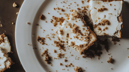 A close-up view of crumbled bread topped with cream on a plate, surrounded by scattered crumbs, evoking a delightful and casual eating experience. Perfect for food-related themes.の素材