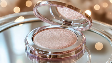 A beautifully crafted open compact of shimmering highlighter sits elegantly, reflecting soft bokeh lights, perfect for illustrating beauty and makeup themes.の素材