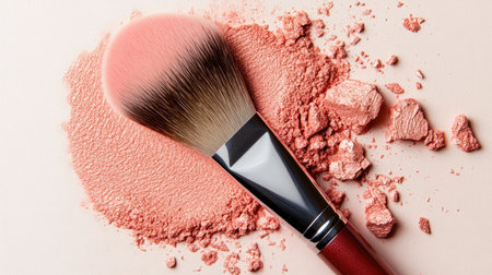 A vibrant blush brush rests atop loose blush powder, capturing the essence of beauty and makeup artistry, ideal for promoting cosmetic products and beauty routines.の素材
