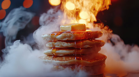 A mouthwatering stack of fluffy pancakes topped with melting butter and syrup, emerging from a smoky backdrop, perfect for evoking culinary delight and hot breakfast vibes.の素材