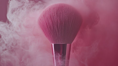 A close-up of a soft pink makeup brush enveloped in swirling pink mist, ideal for beauty-related projects, evoking a sense of elegance and creativity.の素材