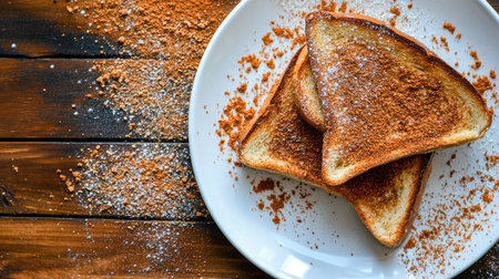 Enjoy a mouthwatering view of toasted bread slices sprinkled with sweet cinnamon sugar on a rustic wooden table, perfect for breakfast or a delightful snack.の素材