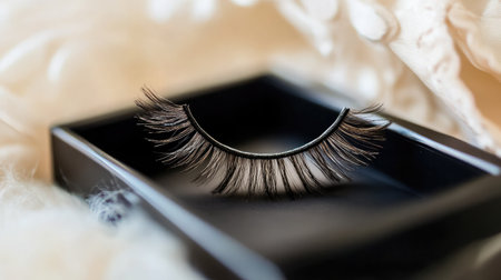 A pair of elegant artificial eyelashes rests on a sleek black tray, surrounded by soft fabric, creating a chic presentation perfect for beauty and makeup enthusiasts.の素材