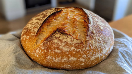 A beautifully crafted loaf of artisan bread sits on a soft cloth, showcasing its golden crust and intricate scoring, evoking warmth and culinary creativity in a cozy kitchen.の素材