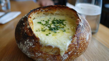 Enjoy a delightful creamy cheese soup nestled in a rustic bread bowl, topped with fresh chives. Perfect for showcasing comfort food in culinary photography.の素材