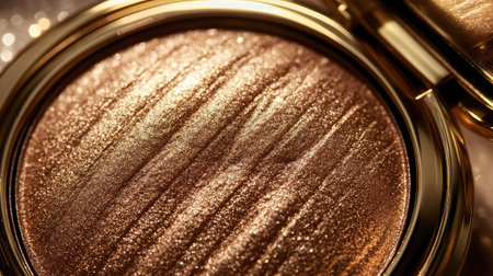 A stunning close-up of a bronze highlighter compact showcasing its shimmering texture and reflective surface, perfect for beauty and cosmetic projects or promotional materials.の素材