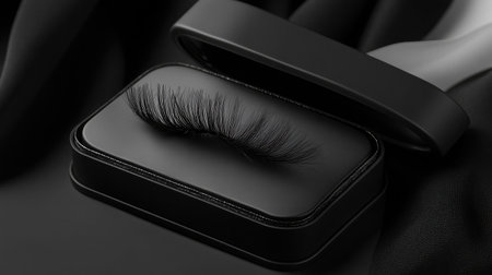 Stylish black eyelash packaging rests on soft fabric, showcasing its luxurious design. Perfect for beauty displays, this elegant product captures the essence of cosmetics.の素材