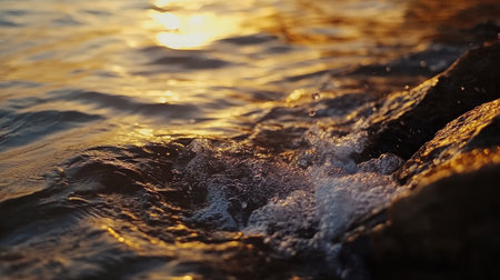Experience the calming beauty of gentle waves lapping against rocks during sunset, where golden light dances on the water, creating a serene natural environment.の素材