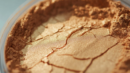 This close-up image showcases a cracked golden cosmetic powder with a shimmery texture, perfect for highlighting beauty products in an attractive way.の素材