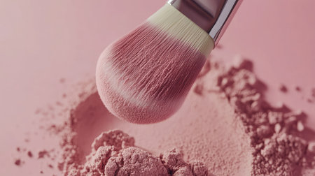This image features a blush brush hovering over soft pink powder on a pastel background, highlighting beauty tools and cosmetics for a stylish makeup application.の素材