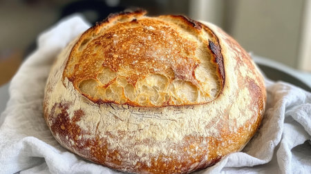 A beautifully rounded artisan bread loaf rests on a soft cloth, highlighting its golden crust and inviting texture, perfect for culinary inspiration and food photography.の素材