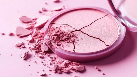This image features a cracked pink powder compact surrounded by broken fragments on a soft pink surface, highlighting a striking beauty product failure in a trendy makeup scene.の素材