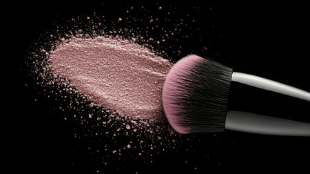 A stunning image featuring a makeup brush applying soft pink powder against a sleek black background, showcasing the artistry and elegance of beauty products and application techniques.の素材