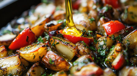Brightly colored roasted vegetables shine in this close-up image, drizzled with golden olive oil, creating an appealing and healthy meal option full of flavor.の素材
