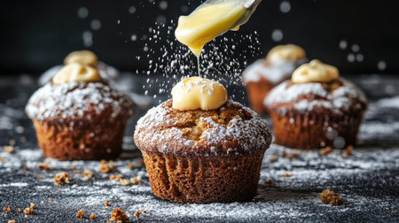 A beautifully styled scene featuring freshly baked muffins topped with creamy frosting, sprinkled with powdered sugar, and drizzled with a rich sauce, perfect for culinary enthusiasts.の素材