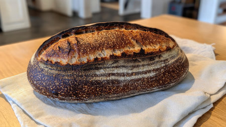 A stunning loaf of artisan bread rests on a soft linen cloth, showcasing its beautifully baked crust and rustic texture, perfect for culinary enthusiasts and food lovers.の素材
