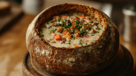 A delicious creamy vegetable soup highlights colorful ingredients, served in a rustic bread bowl. Perfect for cozy meals and inviting dining experiences.の素材