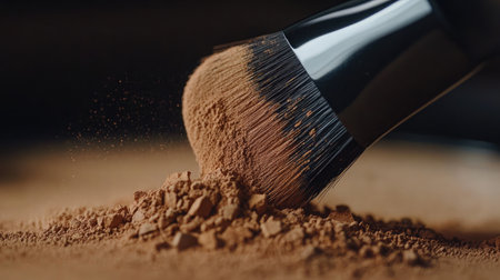 A stunning close-up image of a makeup brush capturing fine powder, showcasing its texture and artistry on a wooden surface, perfect for beauty-focused projects.の素材