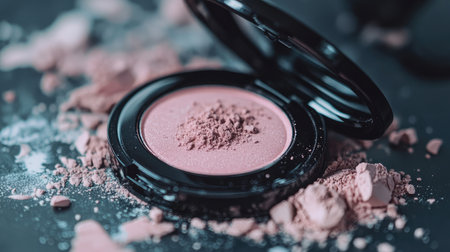 A close-up view of a pink blush compact with crushed powder scattered around on a dark surface, highlighting the artistry of makeup and beauty arrangements for creative visuals.の素材