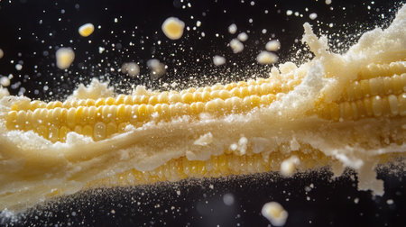 A stunning close-up image of corn kernels being grated, surrounded by flying flour and corn dust, creating a dynamic scene perfect for food-related projects and culinary themes.の素材