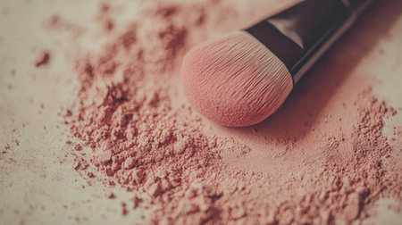 A soft brush rests on a scattering of pink blush powder, highlighting the artistry of makeup application. Perfect for beauty enthusiasts and professionals alike.の素材