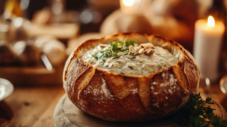 A beautifully crafted bread bowl filled with creamy soup, garnished with fresh herbs and nuts, creating a warm, inviting atmosphere perfect for dining or gatherings.の素材