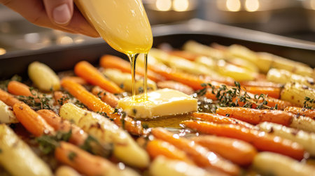 A close-up of roasted carrots doused in melted butter and fresh herbs, creating a mouthwatering blend of flavors perfect for any meal or gathering.の素材