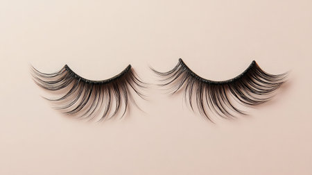 A pair of stunning black false eyelashes displayed on a soft beige background, perfect for capturing the essence of beauty, elegance, and fashion in cosmetic photography.の素材
