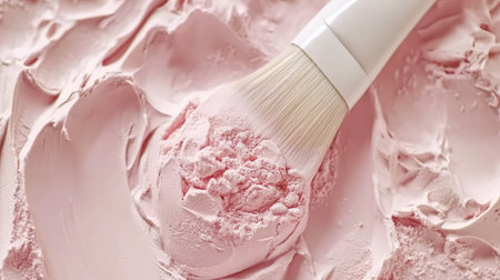Delicate soft pink cream blush rests on a smooth surface, with a makeup brush for perfect application, embodying beauty, elegance, and creative artistry in cosmetics.の素材